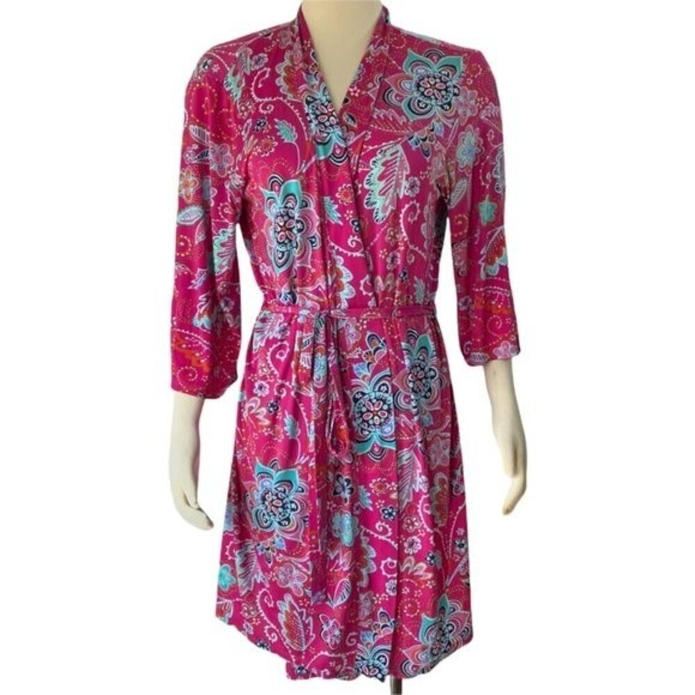 Josie Natori dress Size S pink wrap dress leaf floral print lightweight soft